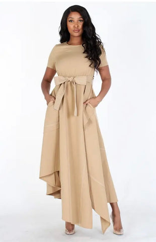 Precioso vestido largo color canela con dobladillo asimétrico, tallas pequeña - grande