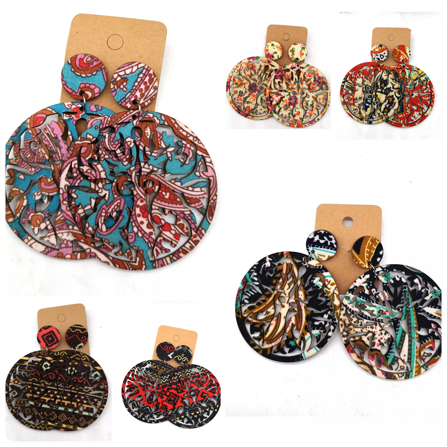 Round Hand Made Fabric African Print Wooden Earrings