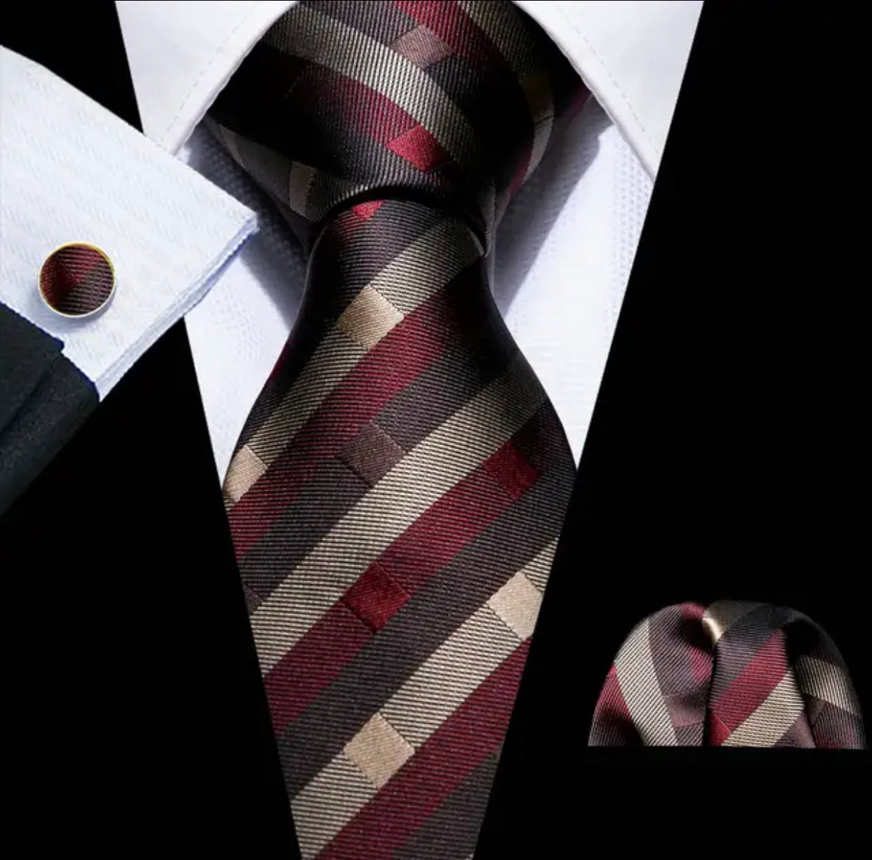 Men’s Silk Coordinated Tie Set - Burgundy Brown Striped (5299)