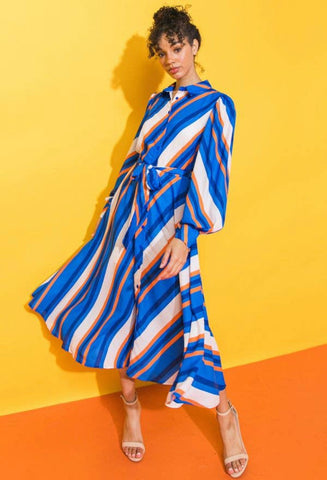 Vestido Tejido Rayas Manga Campesina, Tallas Pequeña - Grande