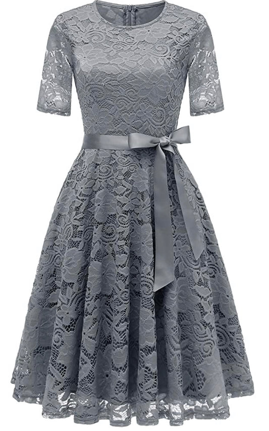 Vintage Inspired Full Lace Cocktail Dress, Sizes Small - 3XLarge (Gray)