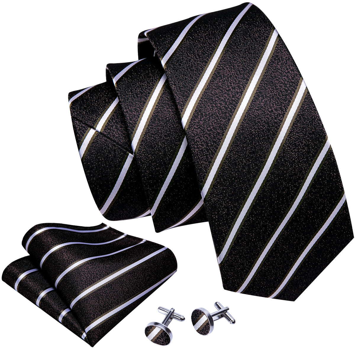 Men’s Silk Coordinated Tie Set - Black White Striped (5301)