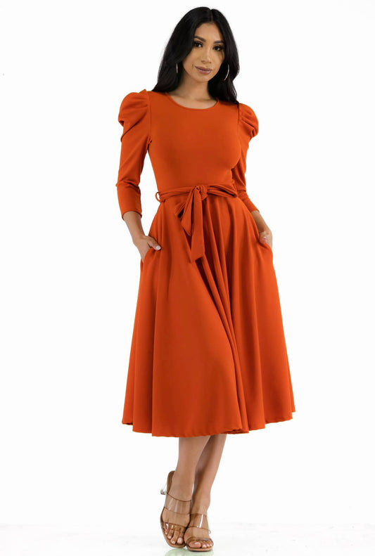 Puff Sleeve Cocktail Dress, Sizes 1X - 3X (Rust Color)