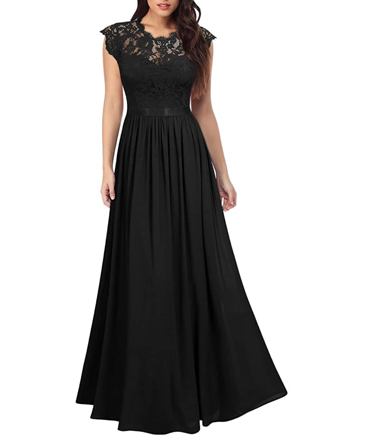 Formal Floral Lace Long Length Dress, Sizes Small - 2XLarge (Black Dress)