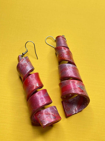 Handmade Red Dangle Long Spiral Earrings