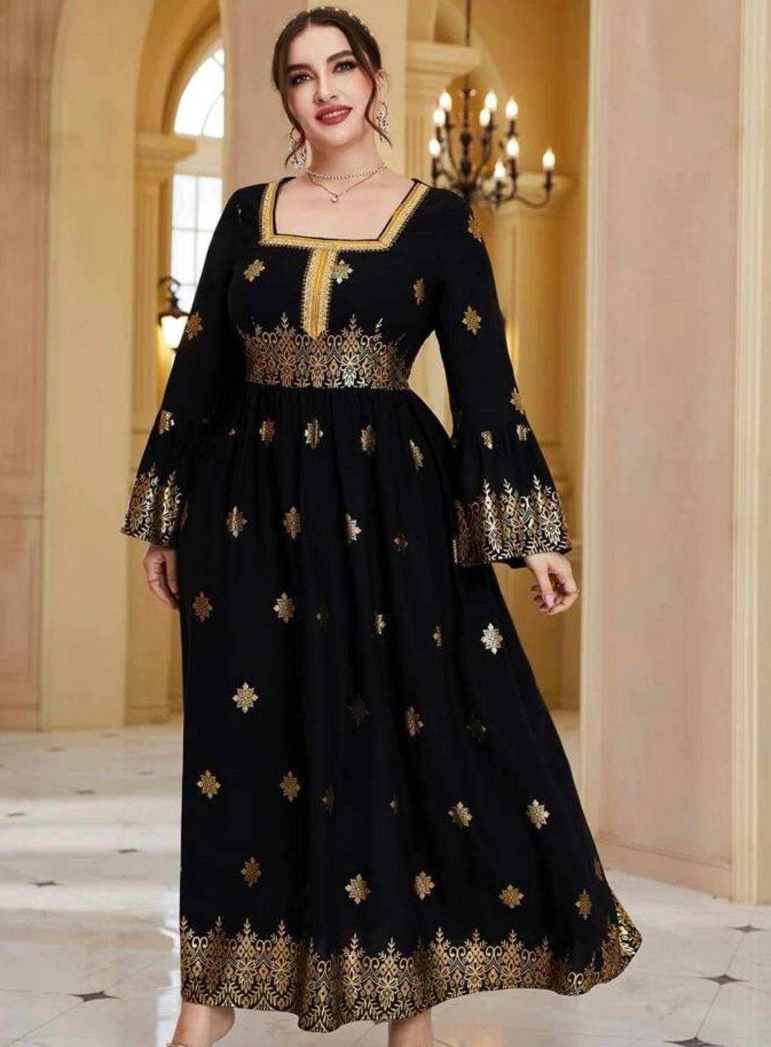 Elegant Arabic/Indian Golden Floral Trumpet Sleeve Dress, US Sizes 12 - 22