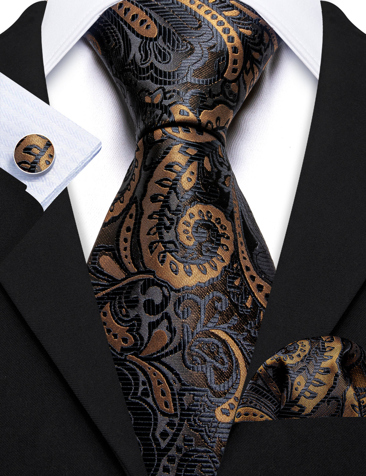 Men’s Silk Coordinated Tie Set - Black Gold Paisley (6055)