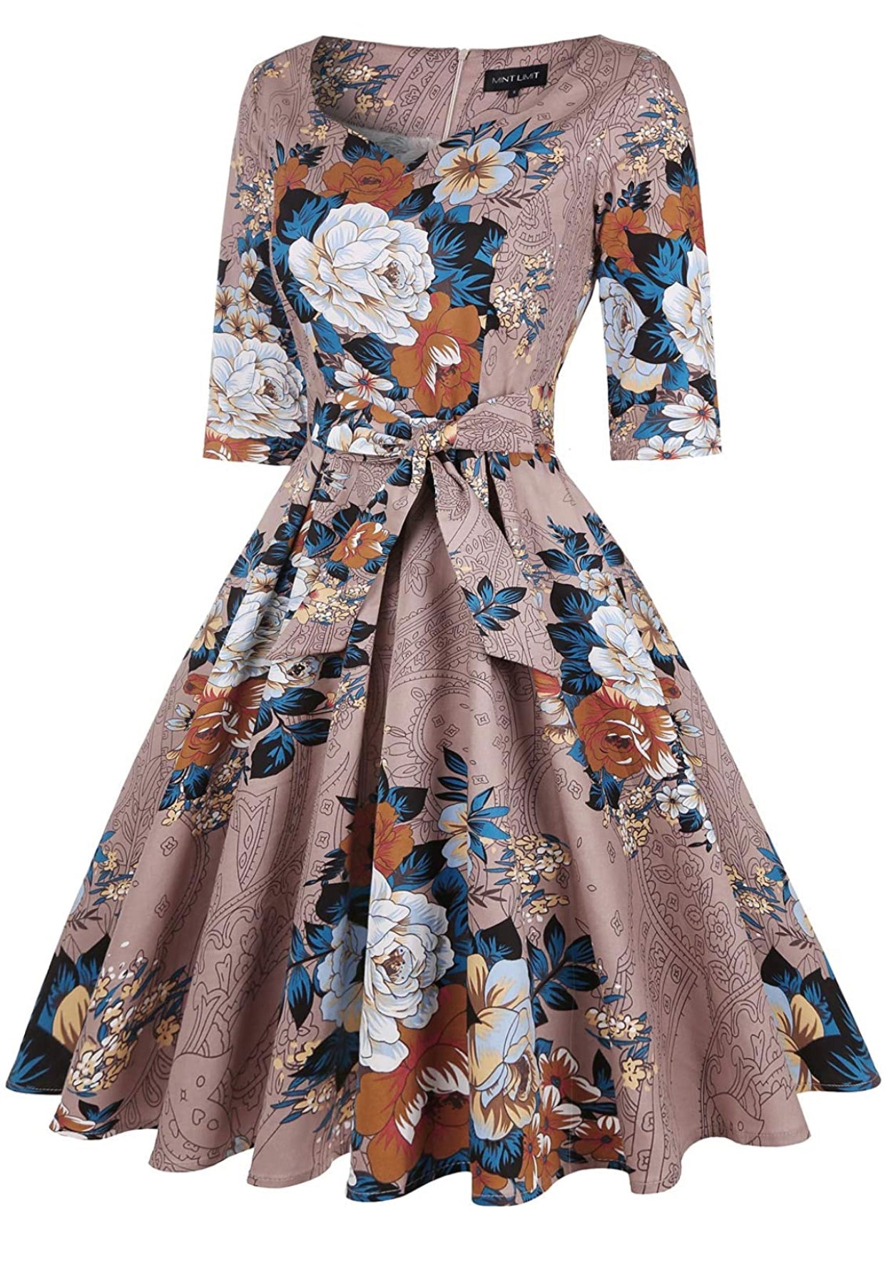 Sweetheart Neckline Rockability Floral Khaki Dress, Sizes Small - 2XLarge (US Sized 4 - 22)