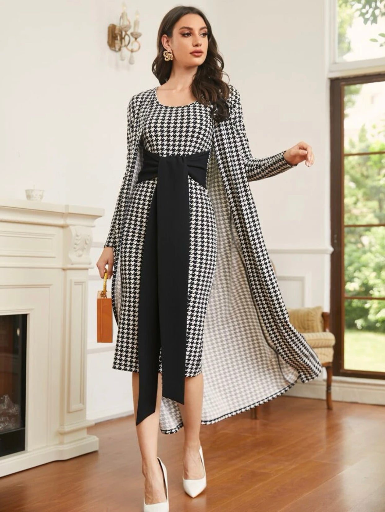 Houndstooth Open Front Coat and Tie Front Dress, US Sizes 0 - 20