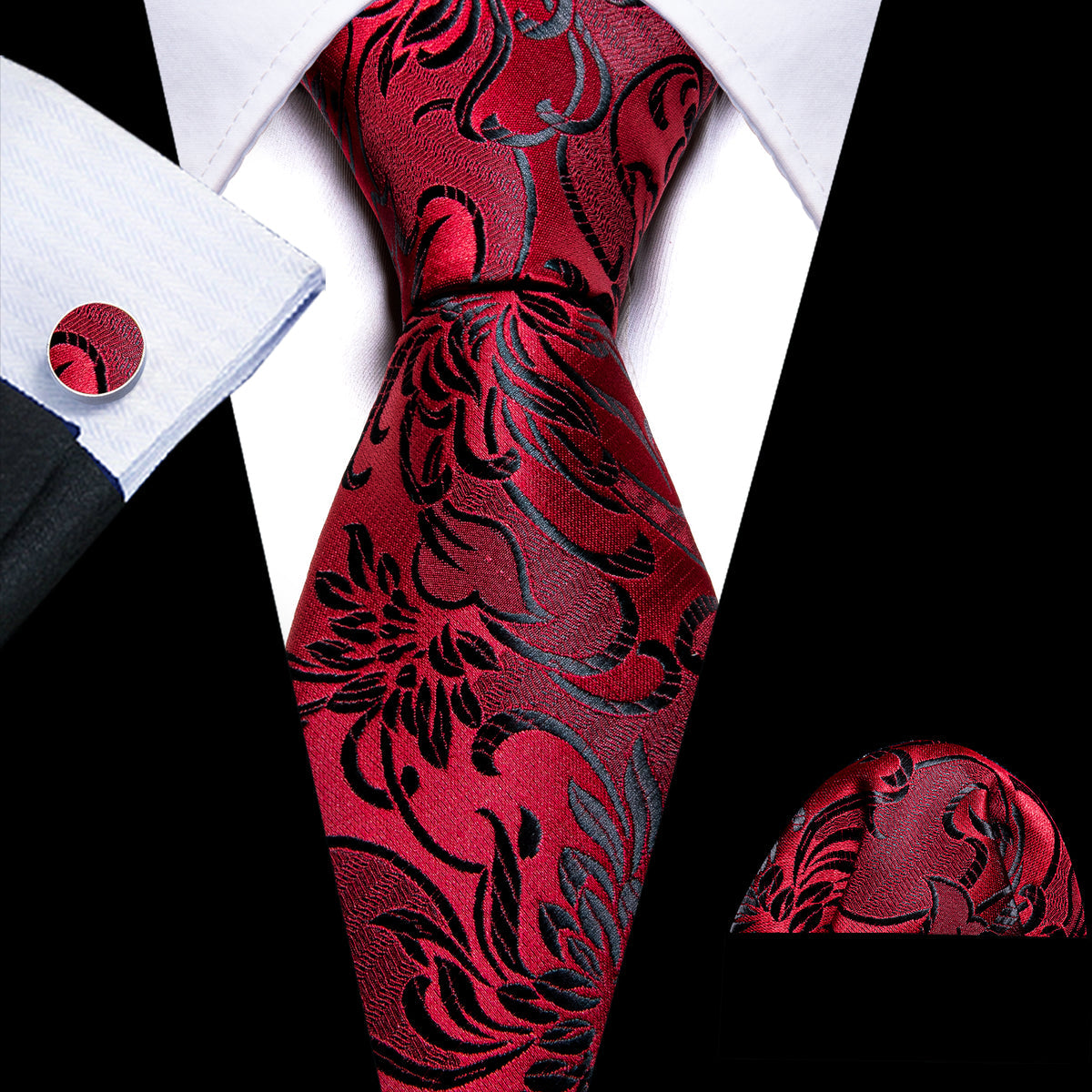 Men’s Silk Coordinated Tie Set - Red Black Paisley (5984)