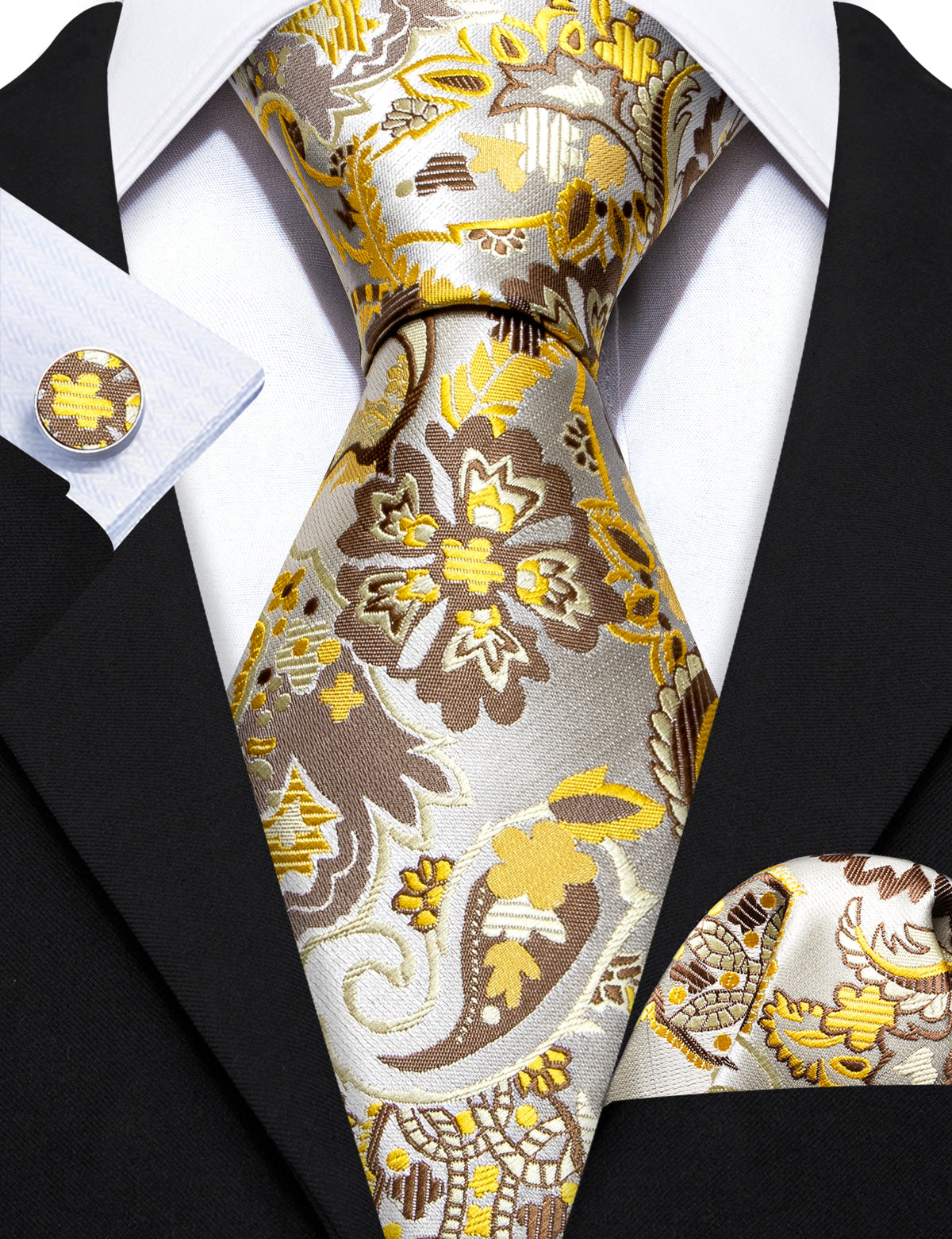 Men’s Silk Coordinated Tie Set - Golden Yellow Floral Paisley (6195)