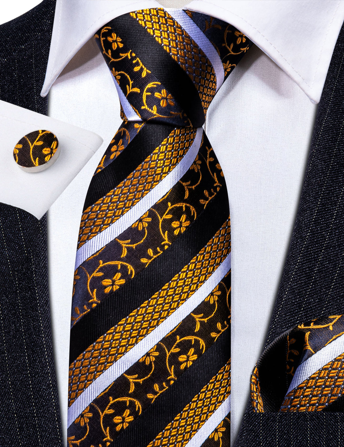 Men’s Silk Coordinated Tie Set - Black Gold Striped Paisley (6313)