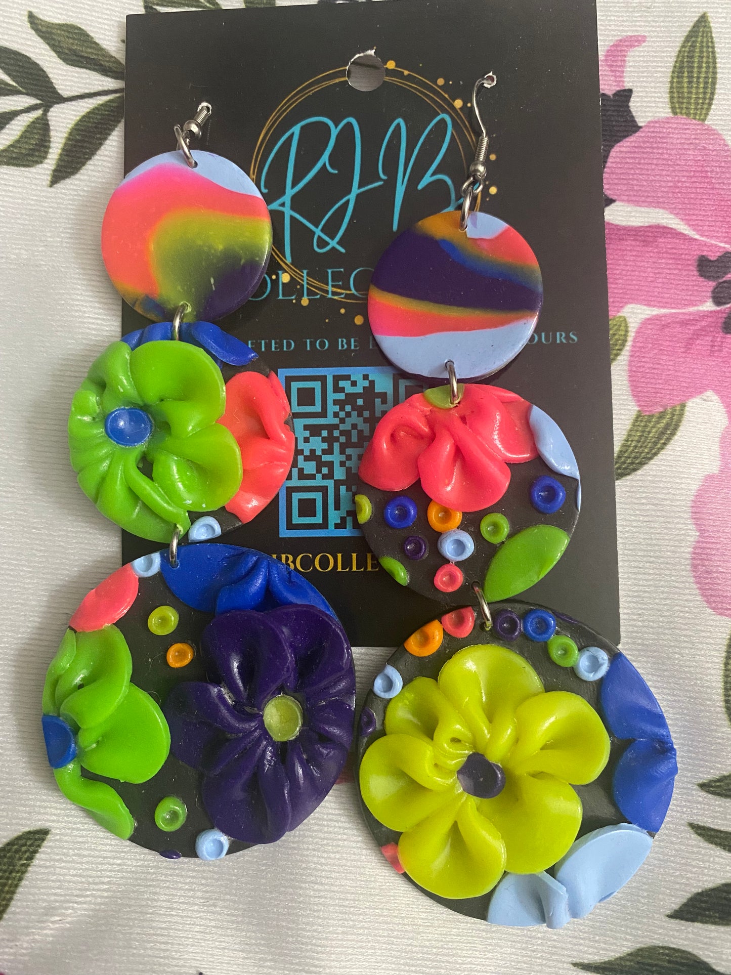 Handmade 3D Floral Dangle Hook Earrings