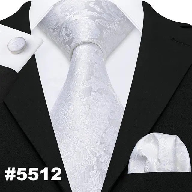 Men’s Silk Coordinated Tie Set - Solid White Floral (5512)
