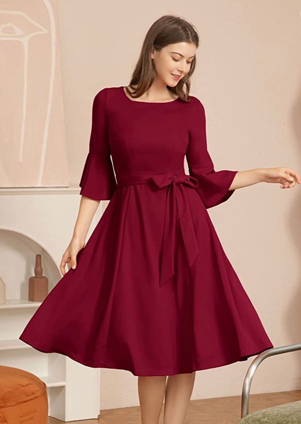 Elegant Bell Sleeve Cocktail Dress, Sizes Small - 3XLarge (Burgundy)