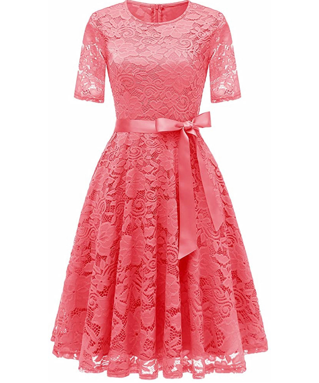 Vintage Inspired Full Lace Cocktail Dress, Sizes Small - 3XLarge (Coral)