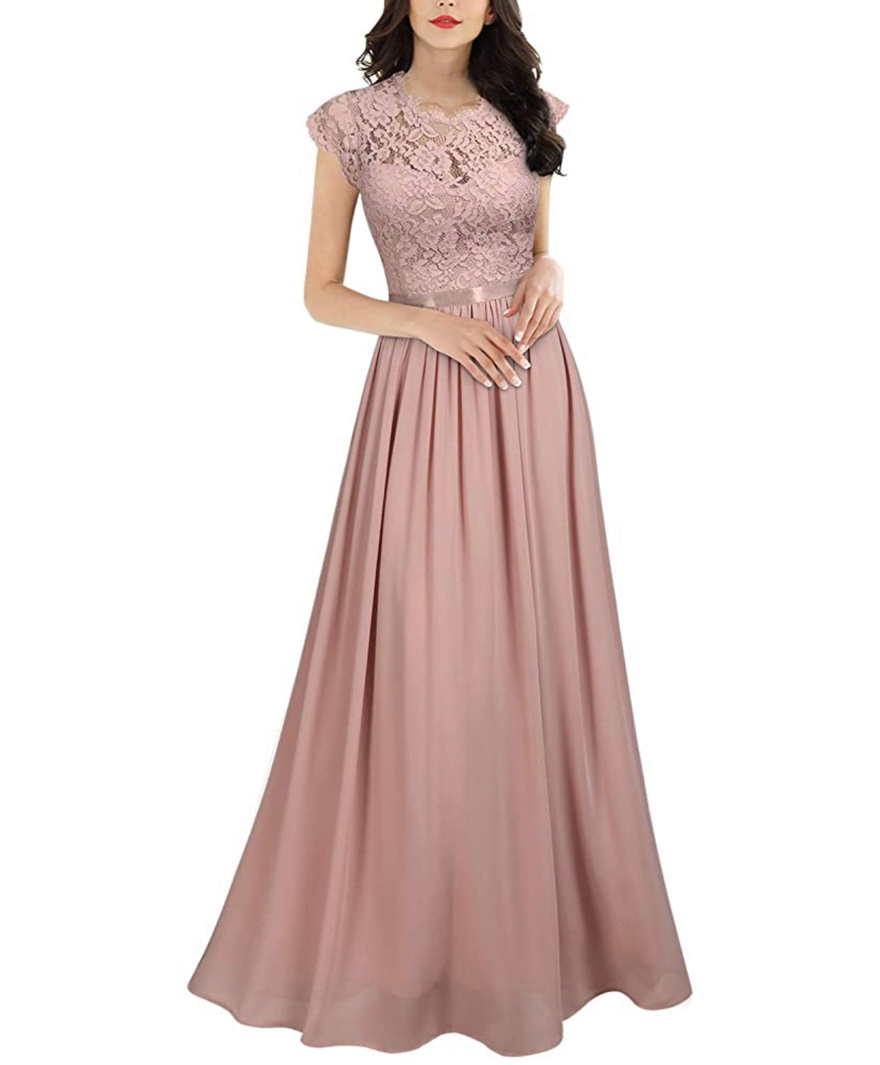 Formal Floral Lace Long Length Dress, Sizes Small - 2XLarge (Pink Dress)