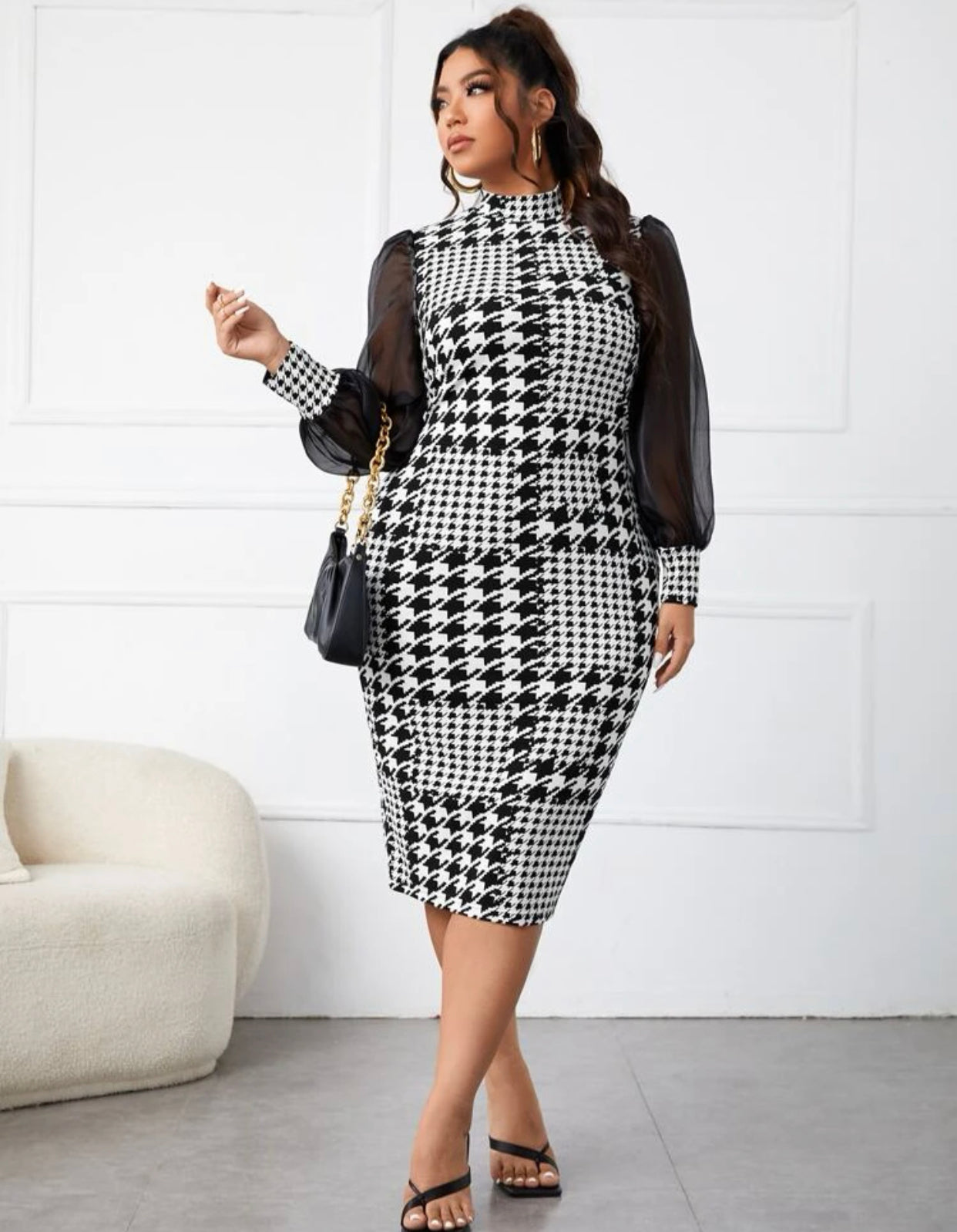 Houndstooth Print Mesh Sleeve Ladies Dress, Sizes Small - 4XLarge (US Sizes 4 - 20)