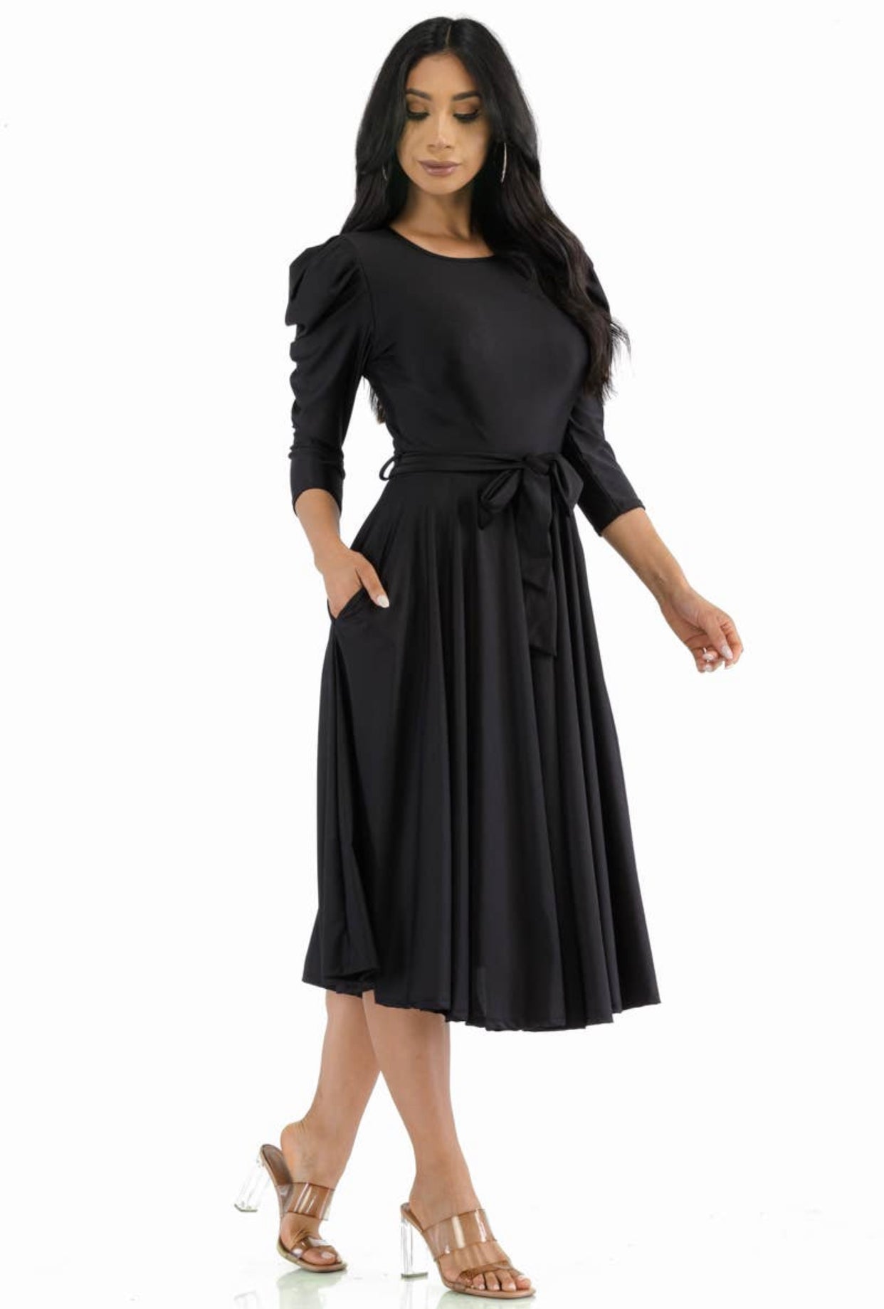 Puff Sleeve Cocktail Dress, Sizes 1X - 3X (Black)