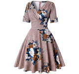 V-Neck Retro Look Swing Dress, Sizes Small - 2XLarge (US Sizes 4 - 22) Floral Khaki