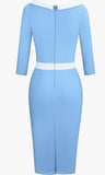 Airy Blue Vintage Inspired 3/4 Sleeve BodyCon Dress Sizes Small - 2XLarge (US 4 - 18)