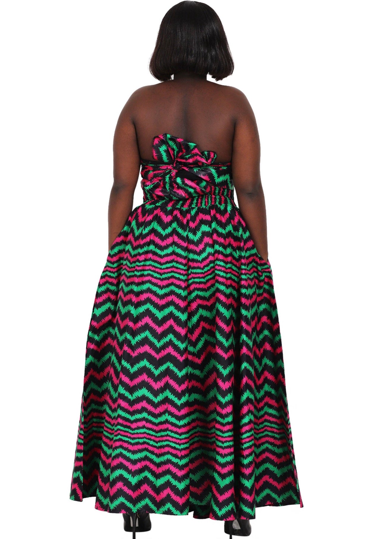 Hand Made African Print Full Skirt with Coordinating Head Wrap and FaceMask  (Magenta, Green, Black)