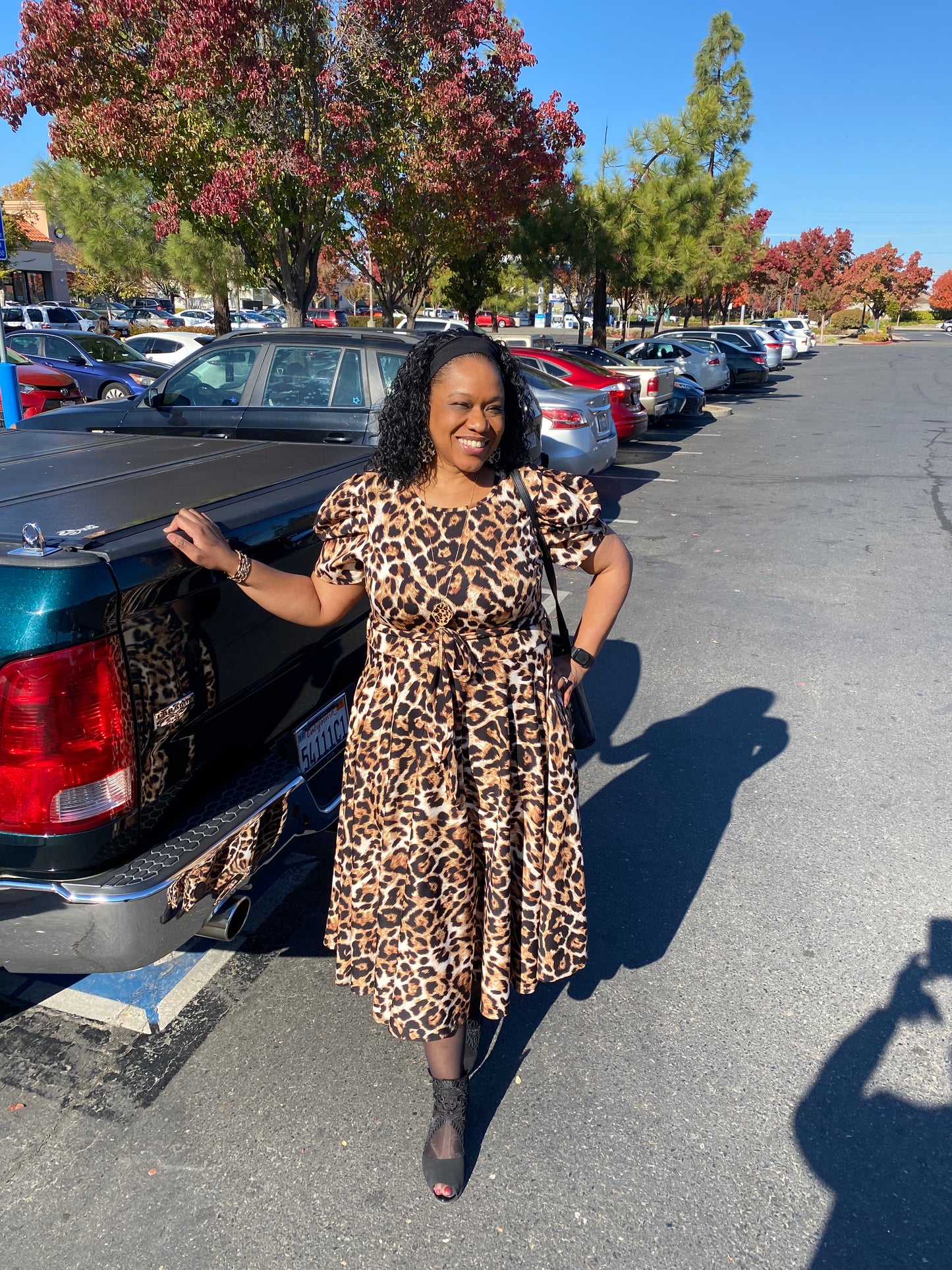 Puff Sleeve Leopard Print Dress, Sizes 1X - 3X (Light Leopard Print)