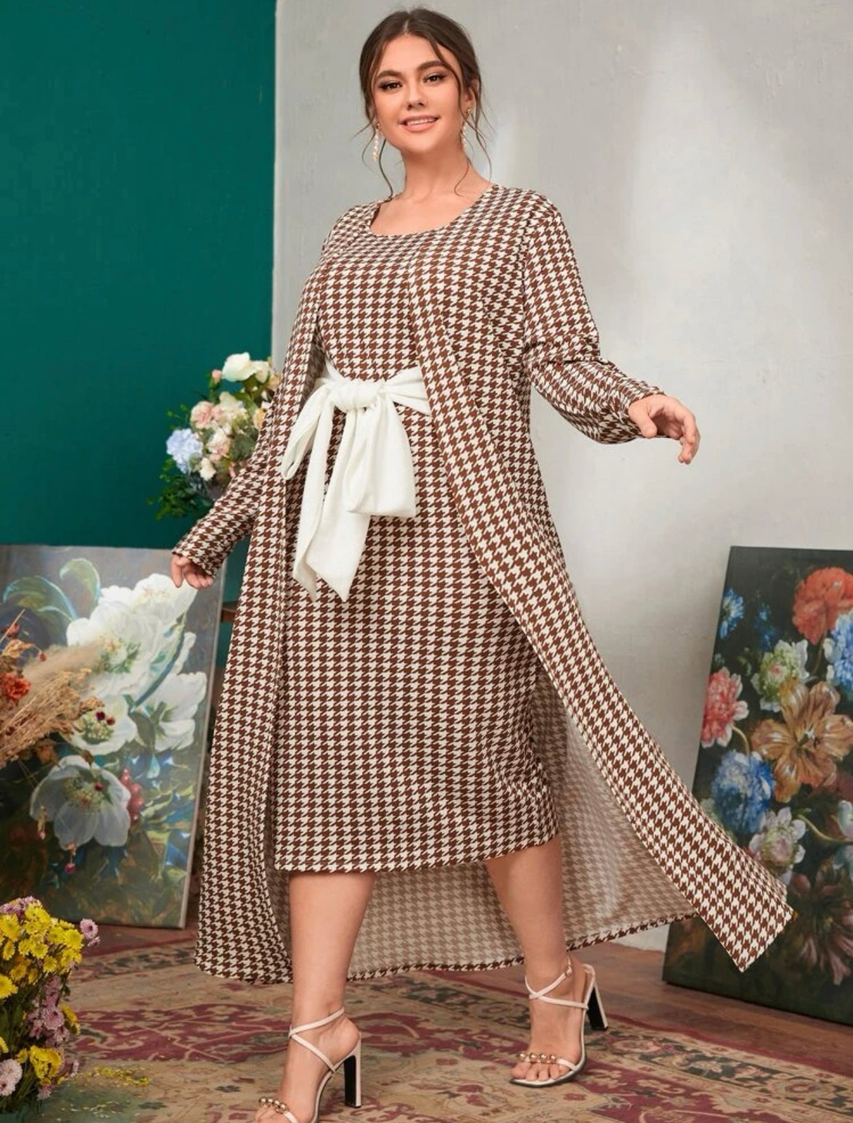 Brown Houndstooth Open Front Coat and Tie Front Dress, US Sizes 0 - 20