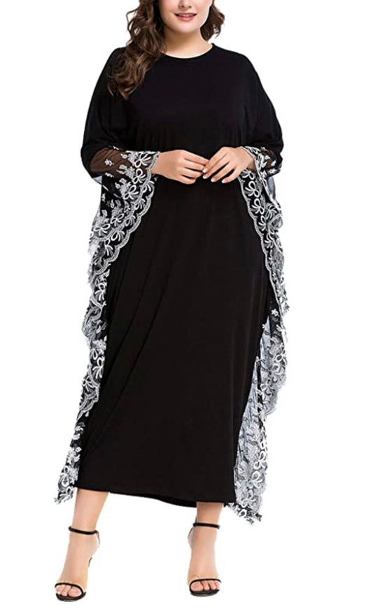 Women’s Caftan Oversized Loungewear, One Size, Solid Black with White Embroidery and Mesh Edges