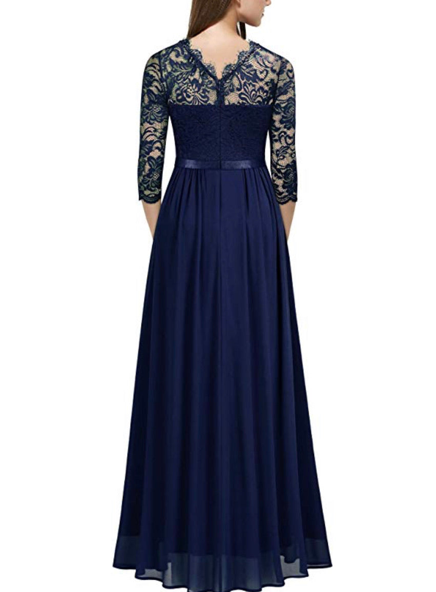 Long Lace Navy Blue Patterned Dress, Sizes Small - 2XLarge (US Sizes 4 - 18)