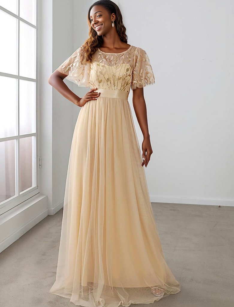 Empire Waist Embroidery Formal Dress (US Sizes 4 - 26) Champagne