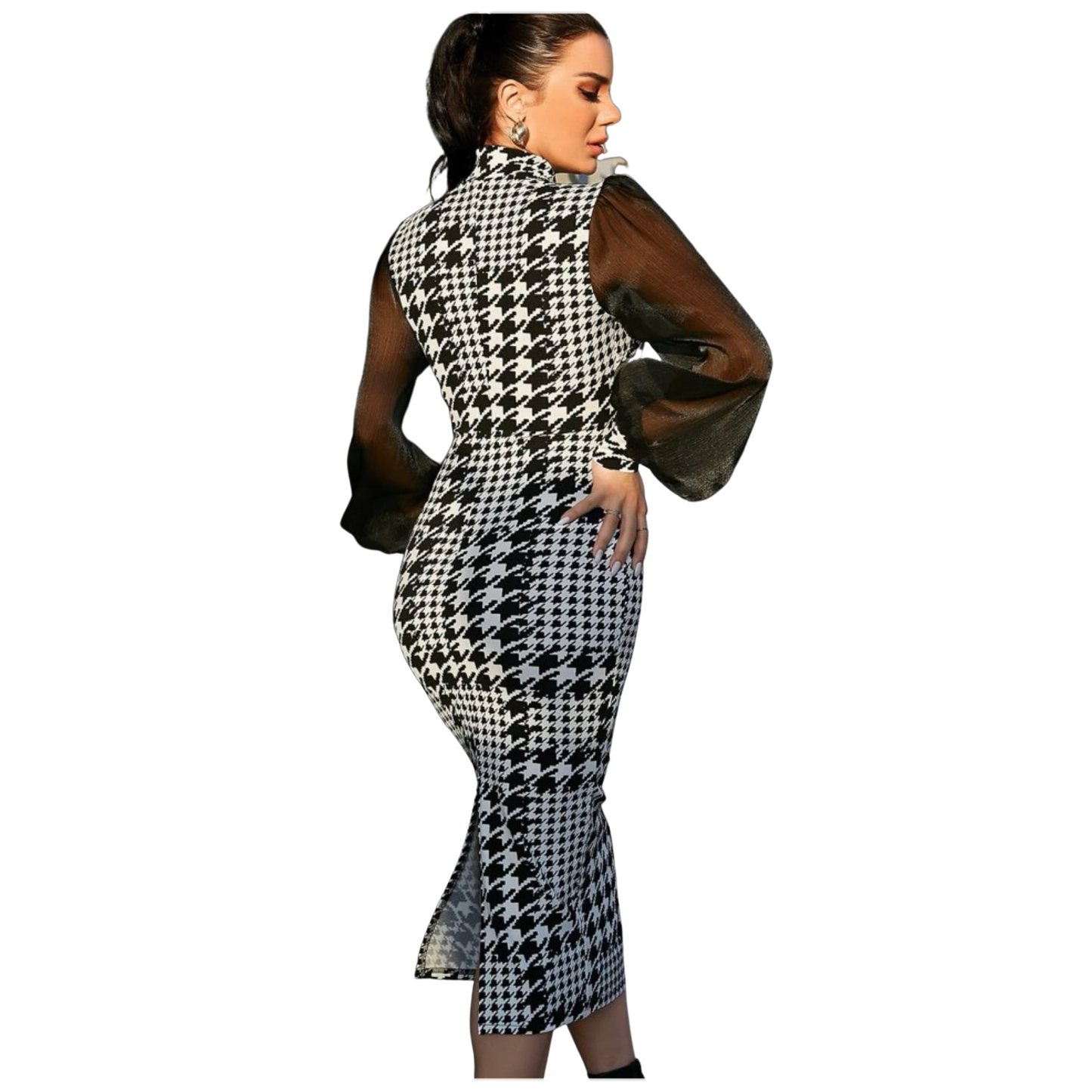 Houndstooth Print Mesh Sleeve Ladies Dress, Sizes Small - 4XLarge (US Sizes 4 - 20)