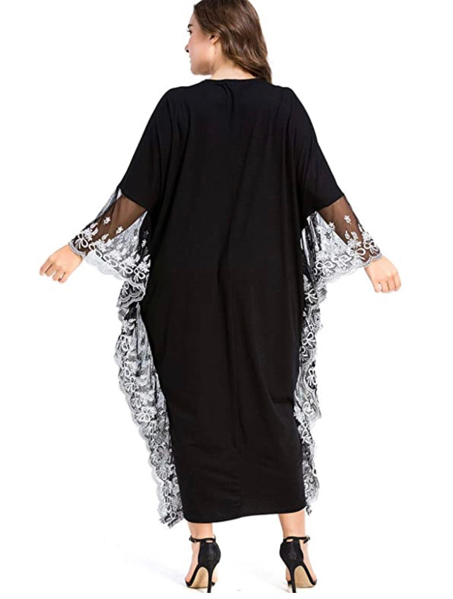 Women’s Caftan Oversized Loungewear, One Size, Solid Black with White Embroidery and Mesh Edges