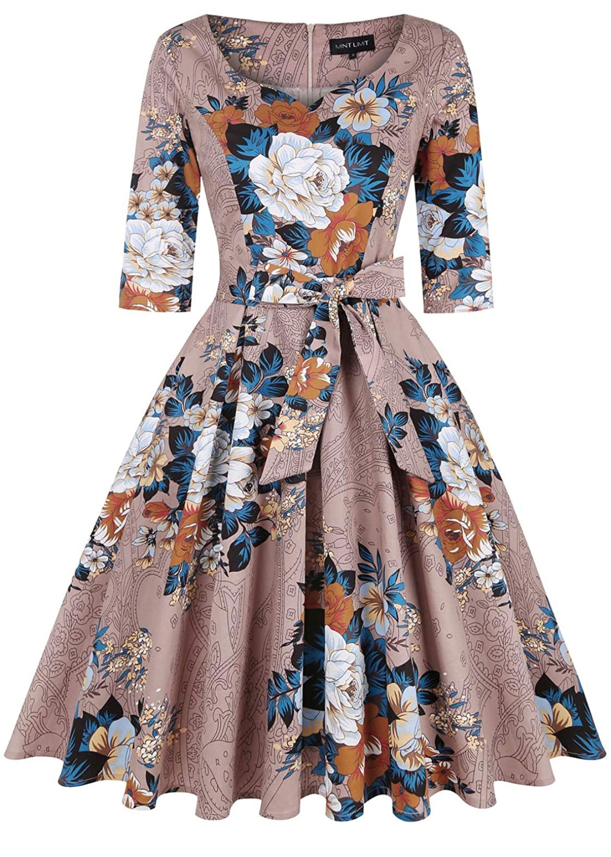 Sweetheart Neckline Rockability Floral Khaki Dress, Sizes Small - 2XLarge (US Sized 4 - 22)