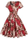 Vintage Inspired Brown Floral Print Dress, Sizes Small - 2XLarge (US Sized 4 - 22)