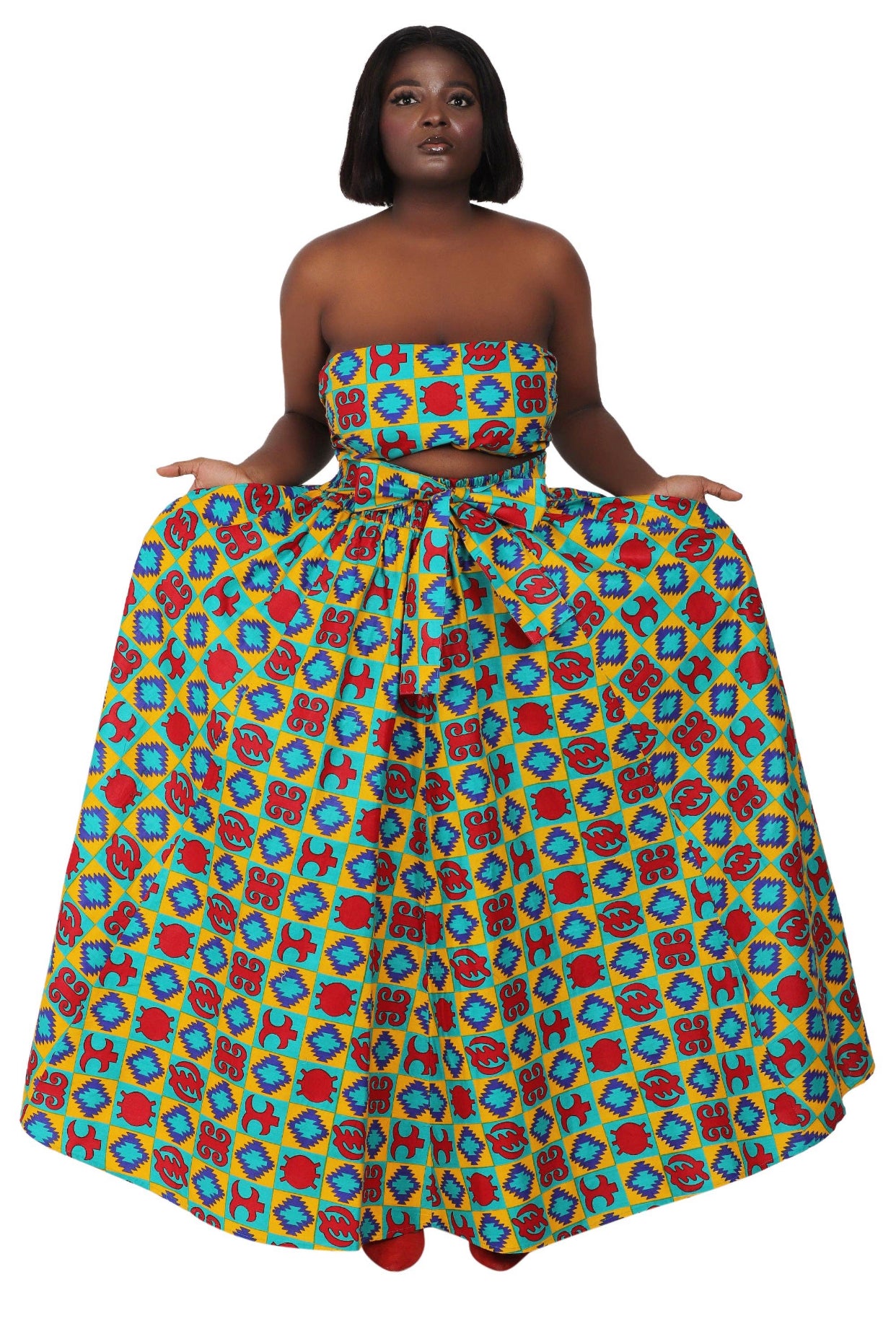 Hand Mad African Print Full Skirt with Coordinating Head Wrap and Facemask (Red, Blue, Yellow Patterns)