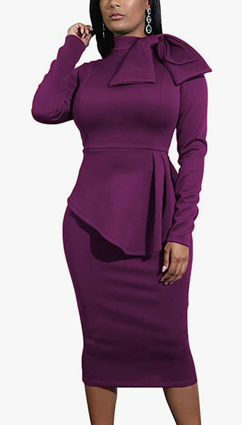 Peplum Short Sleeve Bow Knot Dress, US Sizes 4 - 20 (Small - 2XLarge) Rose or Purple