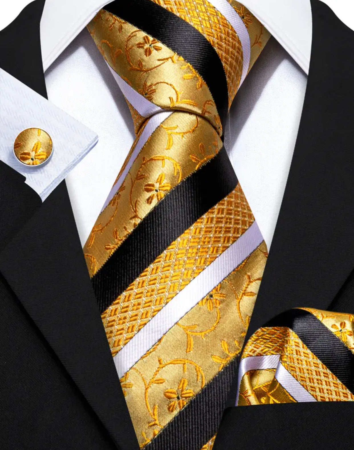 Men’s Silk Coordinated Tie Set - Gold Black Striped (6389)