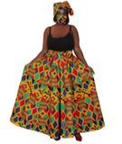African Print Full Skirt with Coordinating Head Wrap & Face Mask (Kente Print)