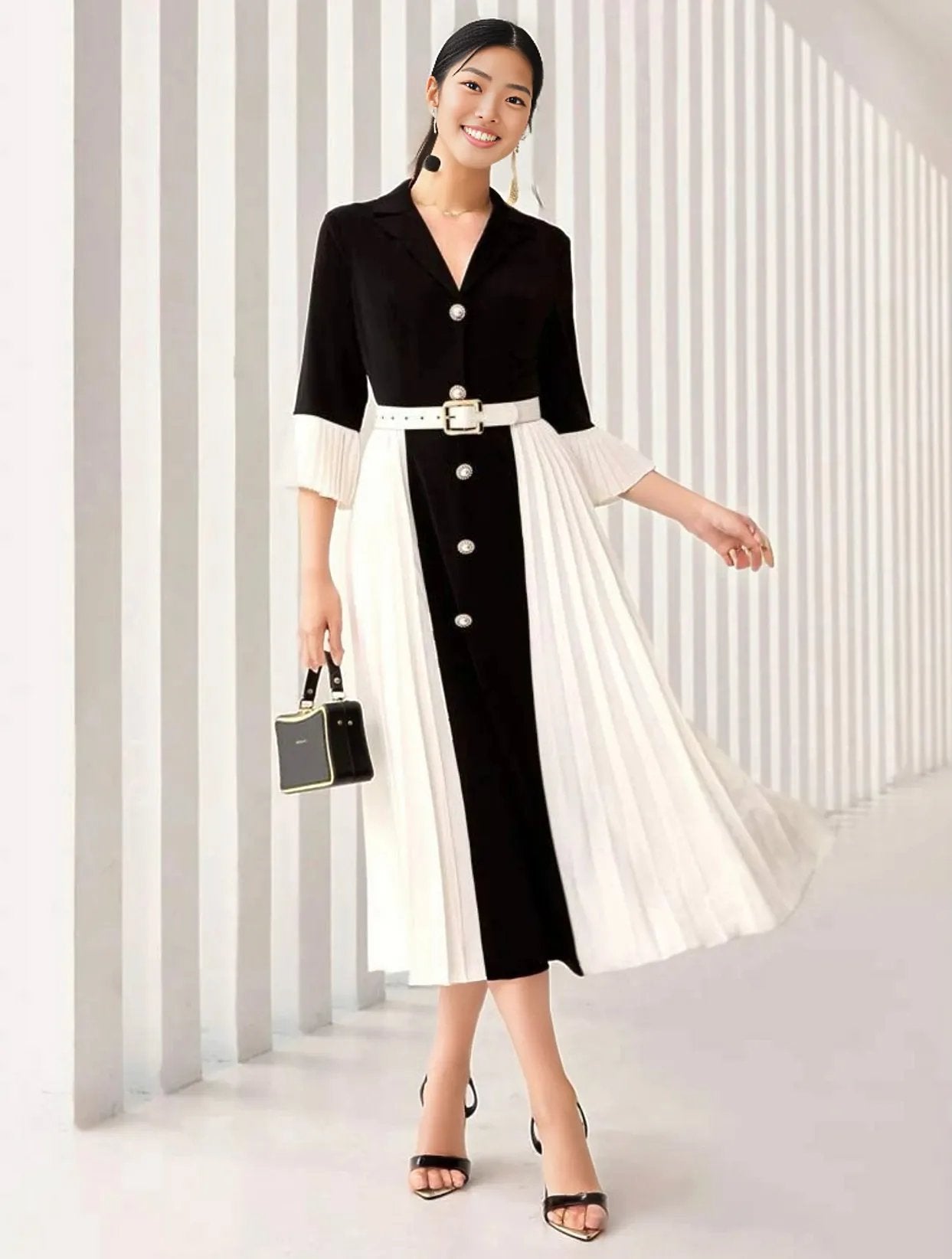 Color Block Lapel Collar Dress