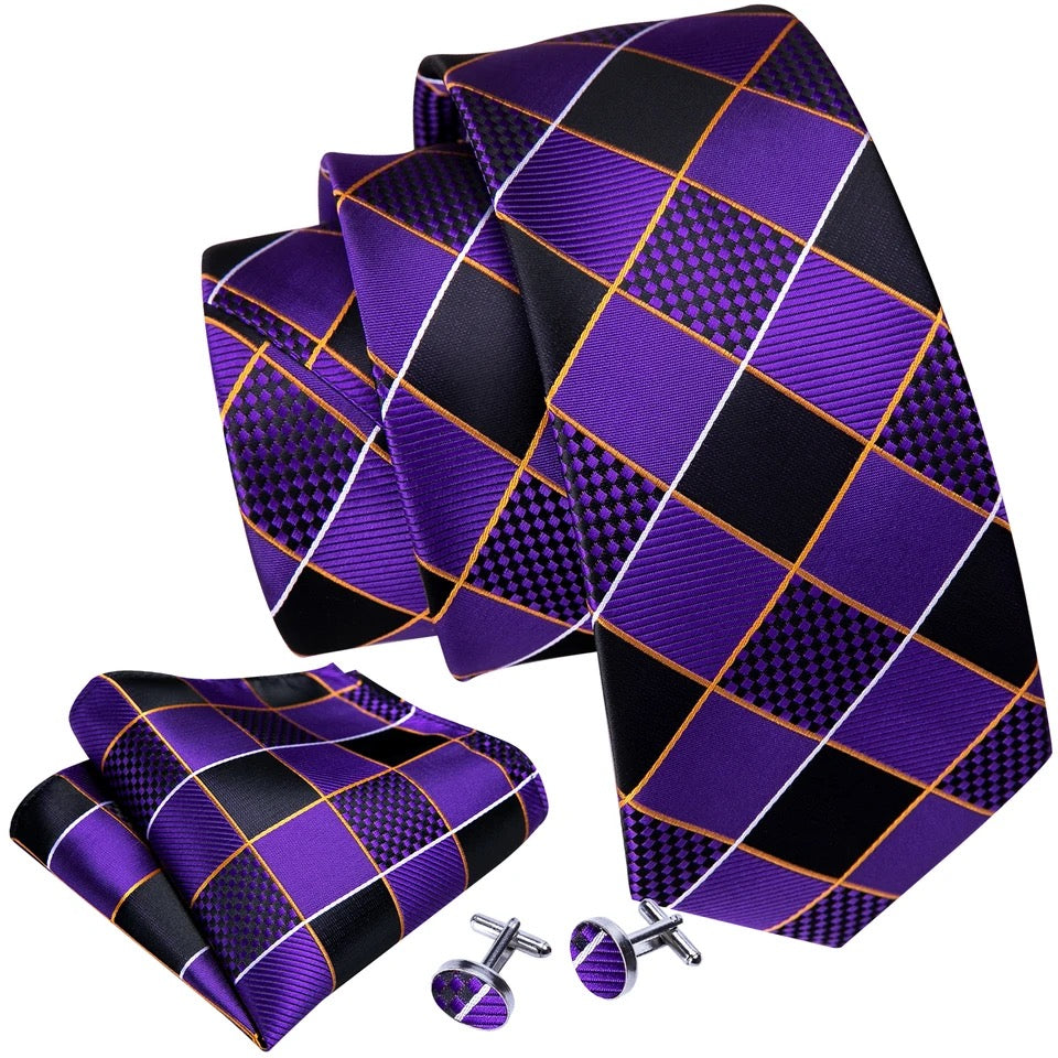 Men’s Silk Coordinated Tie Set - Violet Plaid (5287)
