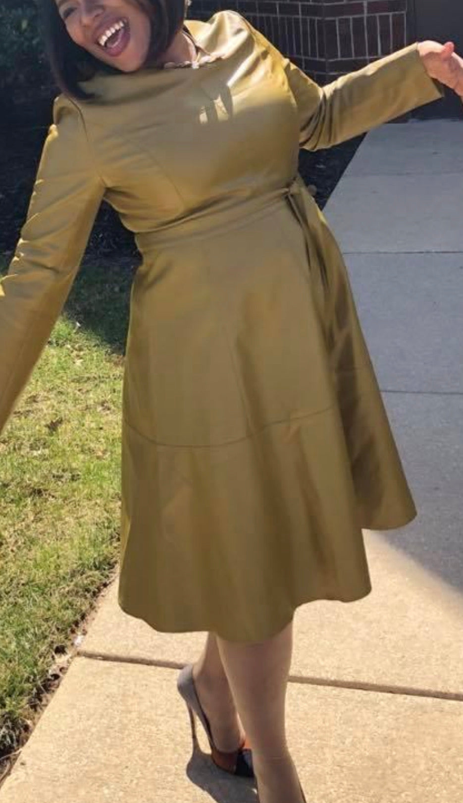 Faux Leather Midi Dress with Belt, US Sizes 2 - 12, Mustard and Black Available