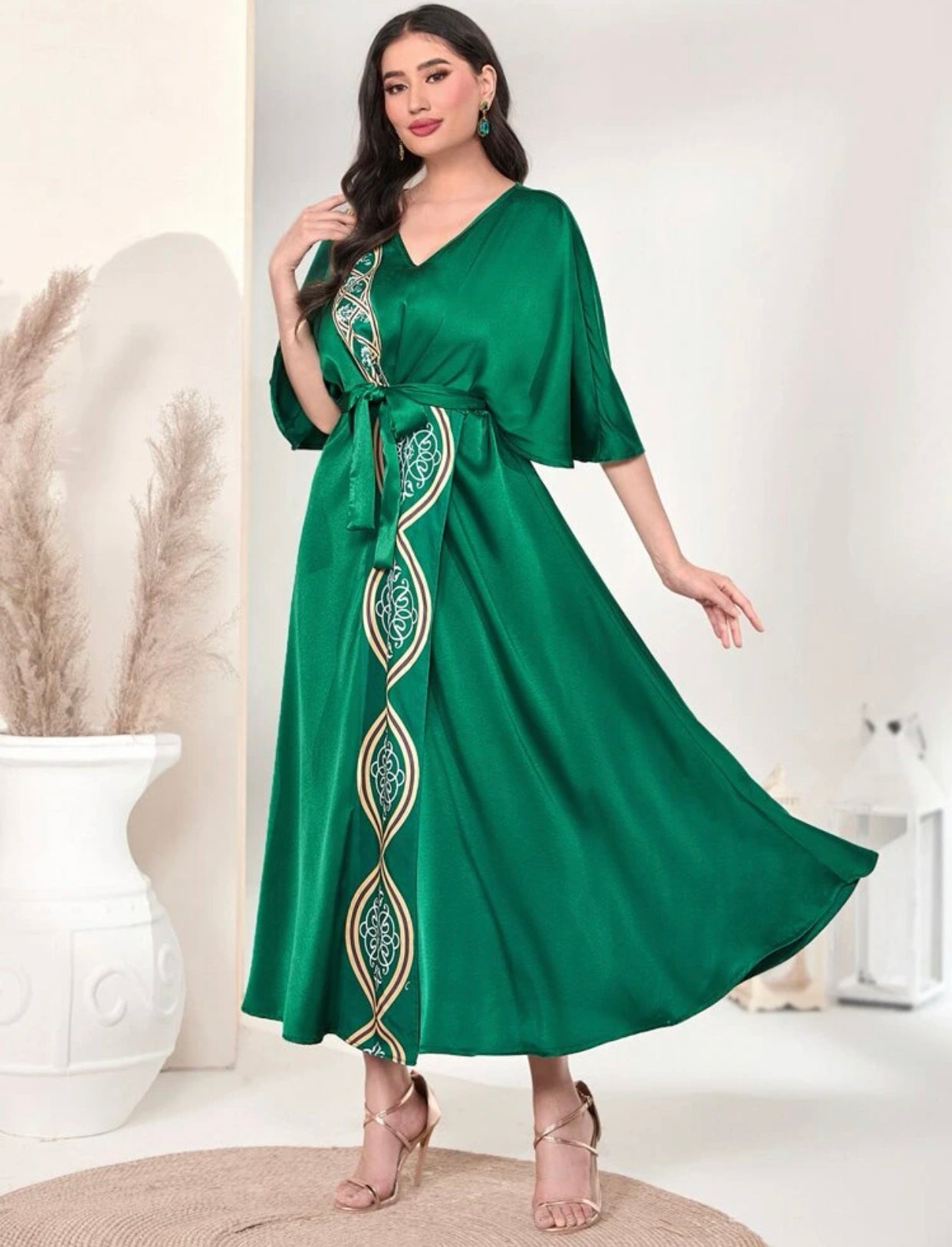 Elegant Green Batwing Kaftan Dress (US Size 4 - 12)