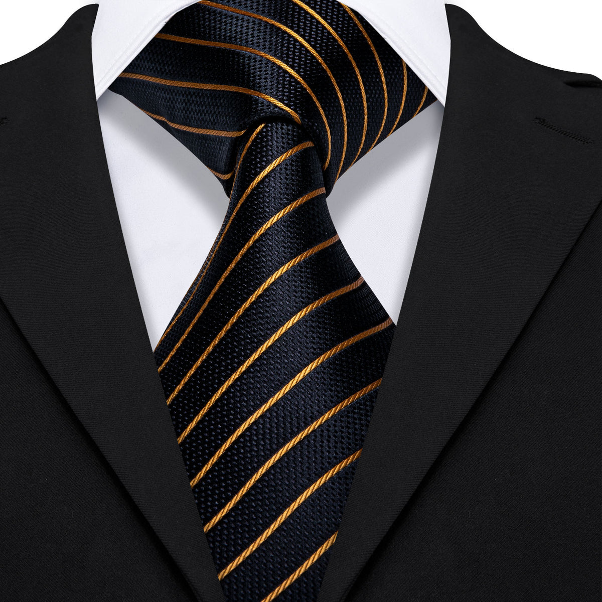 Men’s Silk Coordinated Tie Set - Black Gold Single Striped (5218)
