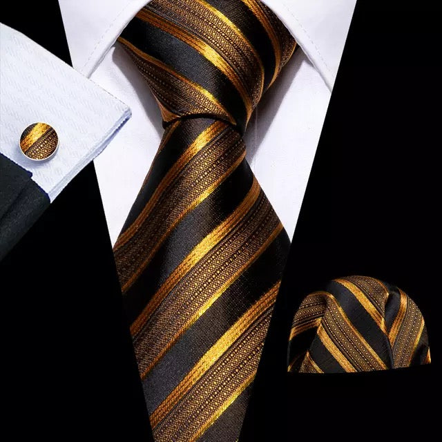 Men’s Silk Coordinated Tie Set - Gold with Black Stripes (5702)
