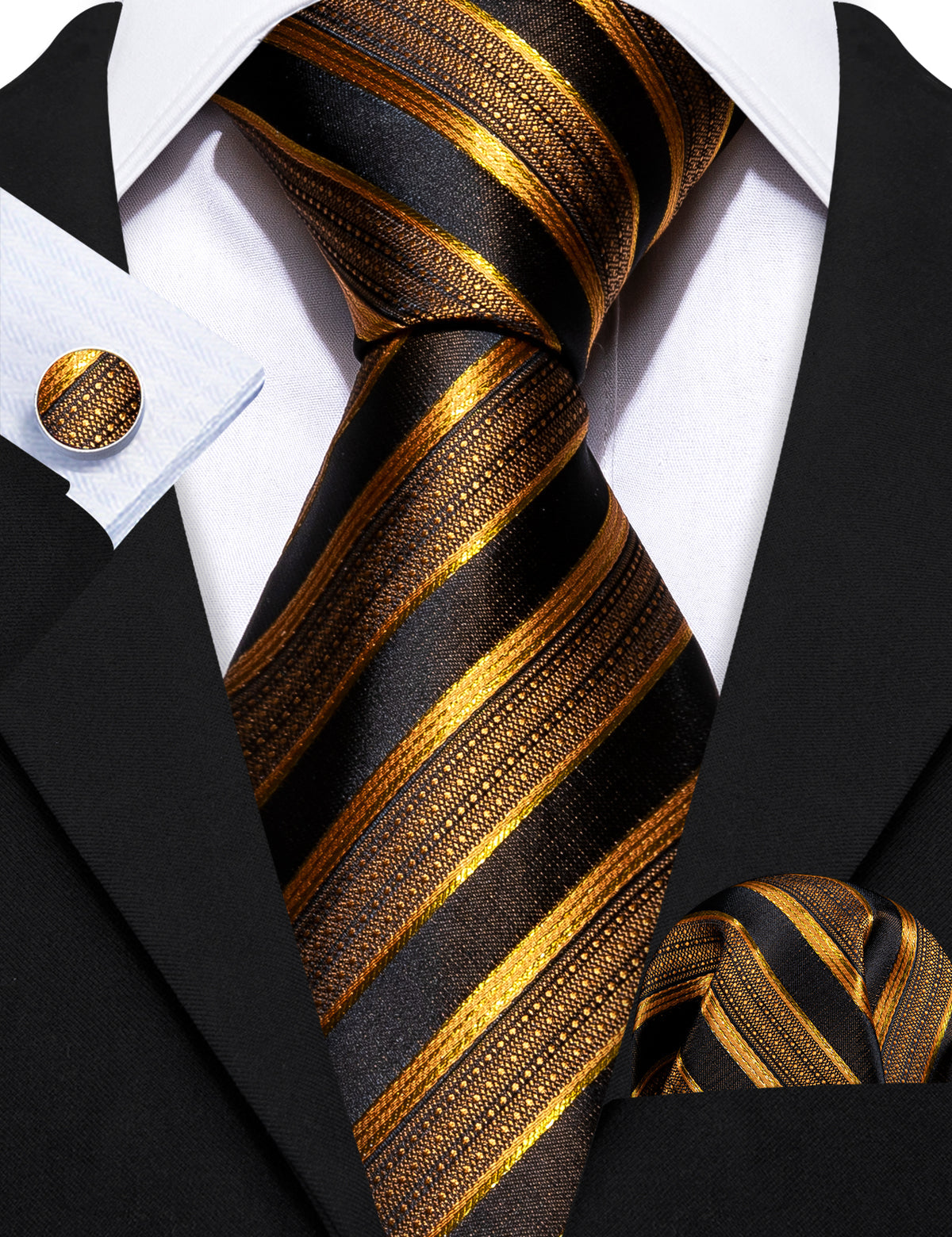 Men’s Silk Coordinated Tie Set - Gold with Black Stripes (5702)