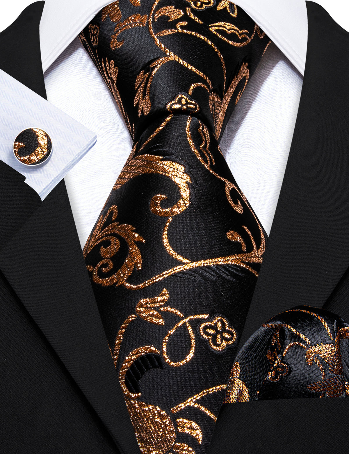Men’s Silk Coordinated Tie Set - Black Gold Decorative (5823)