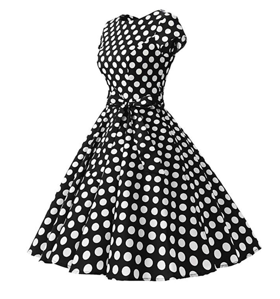Rockability Cap-Sleeve Dress, Black with White Polka Dots, Sizes XS - 3XL