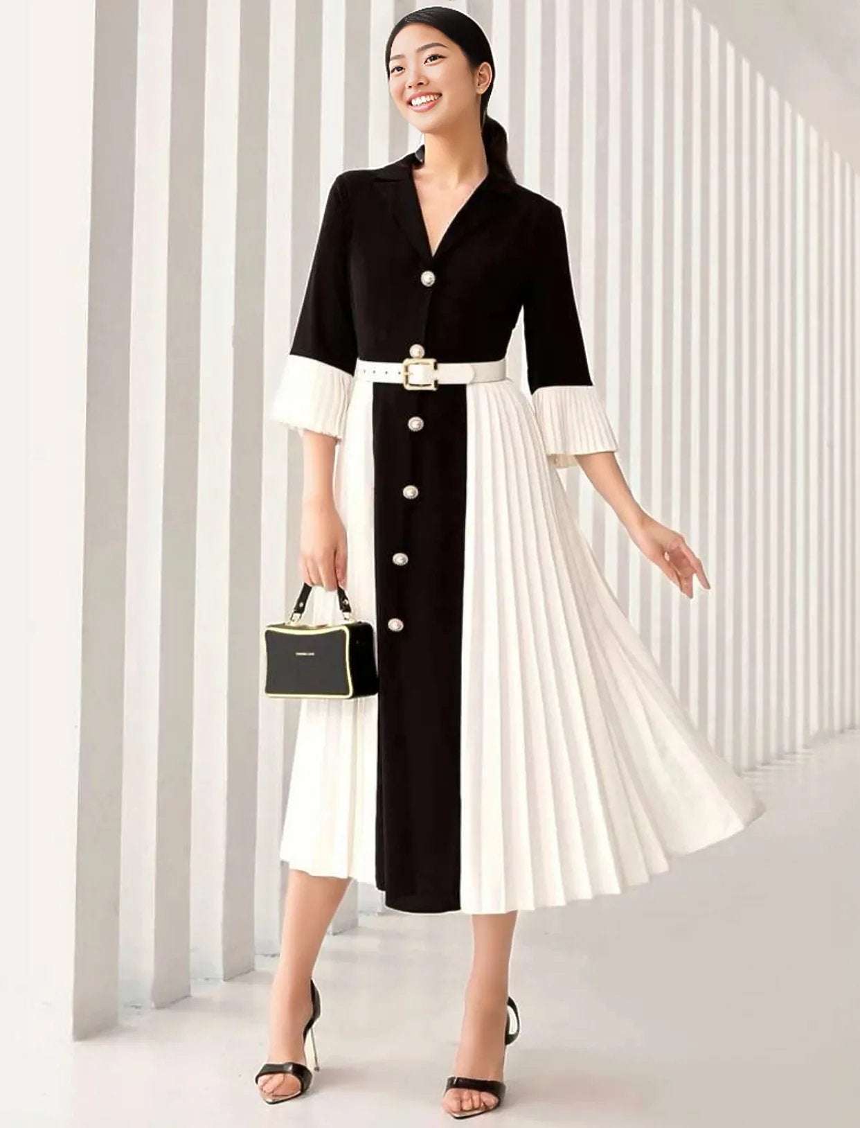 Color Block Lapel Collar Dress