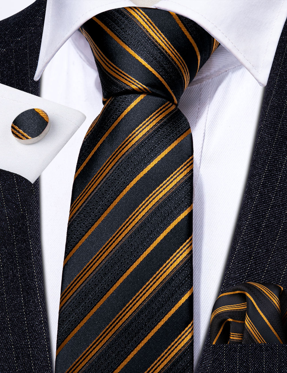 Men’s Silk Coordinated Tie Set - Gold Black Stripe (6020)